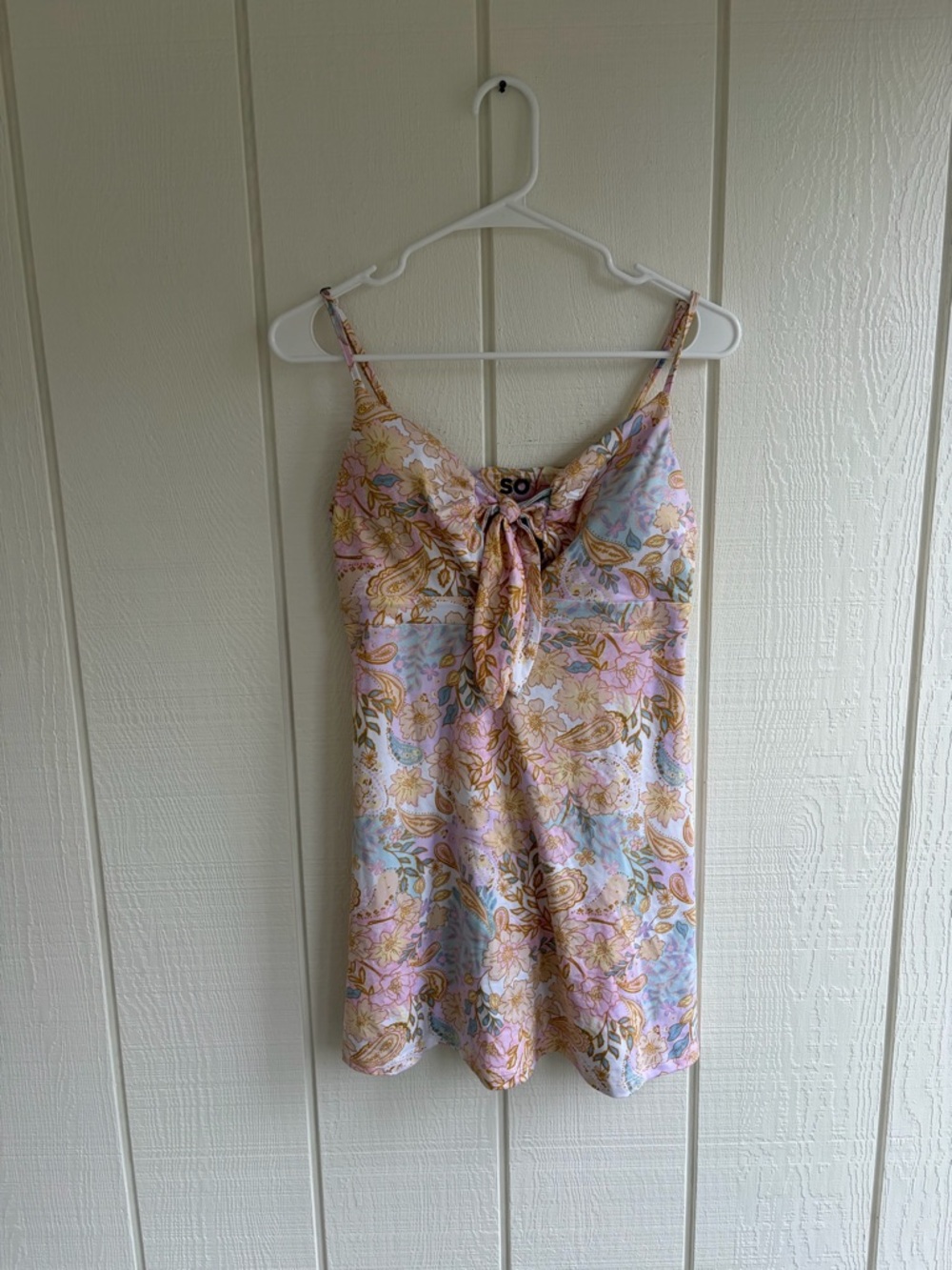 SO Floral Paisley Tie-Front Mini Dress in Pink, Blue, Gold